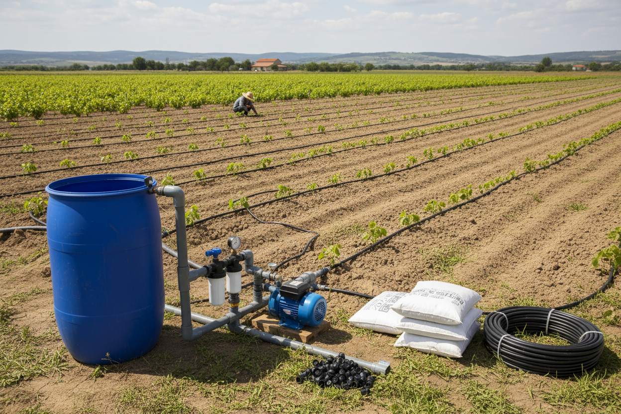 Un système d'irrigation goutte-à-goutte avec une pompe et un réservoir bleu est installé dans un champ cultivé où un agriculteur travaille au loin.